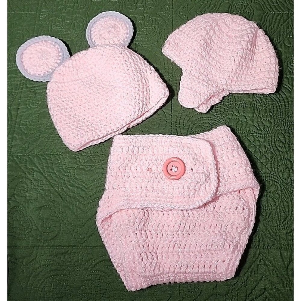 CROCHETED BABY‎ DIAPER COVER 2 HAT SET GIRL Handmade Mickey Ears Picture Prop
